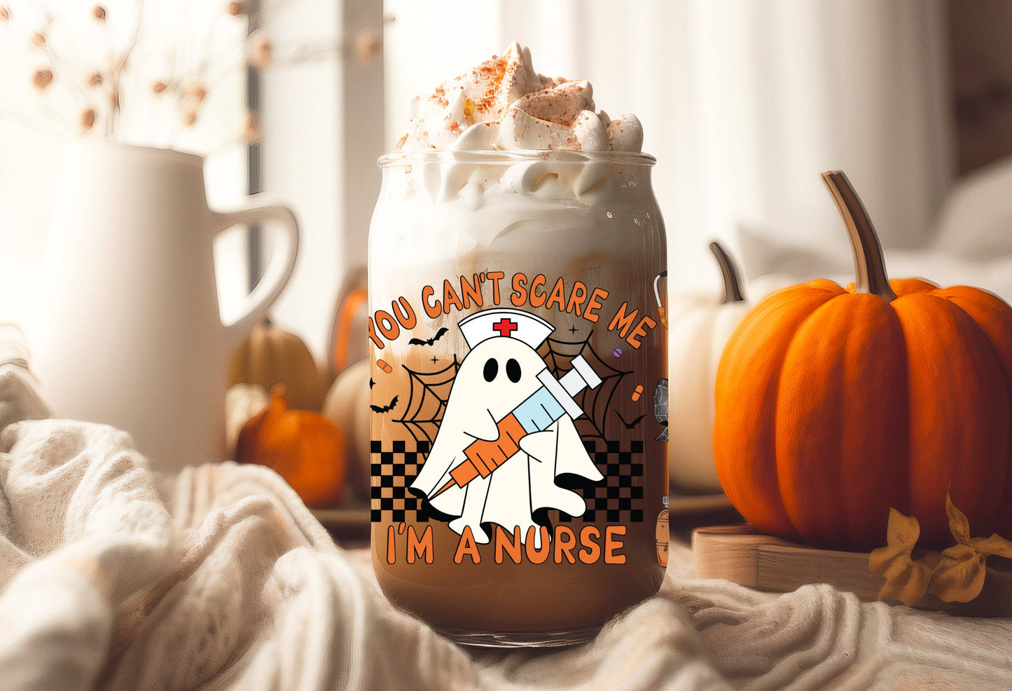 UVDTF Wrap Ghost You Can’t Scare Me I’m a Nurse Coquette Bows 16oz Can Glass, Mug,  40oz Tumbler, Halloween Wrap, Permanent Adhesive