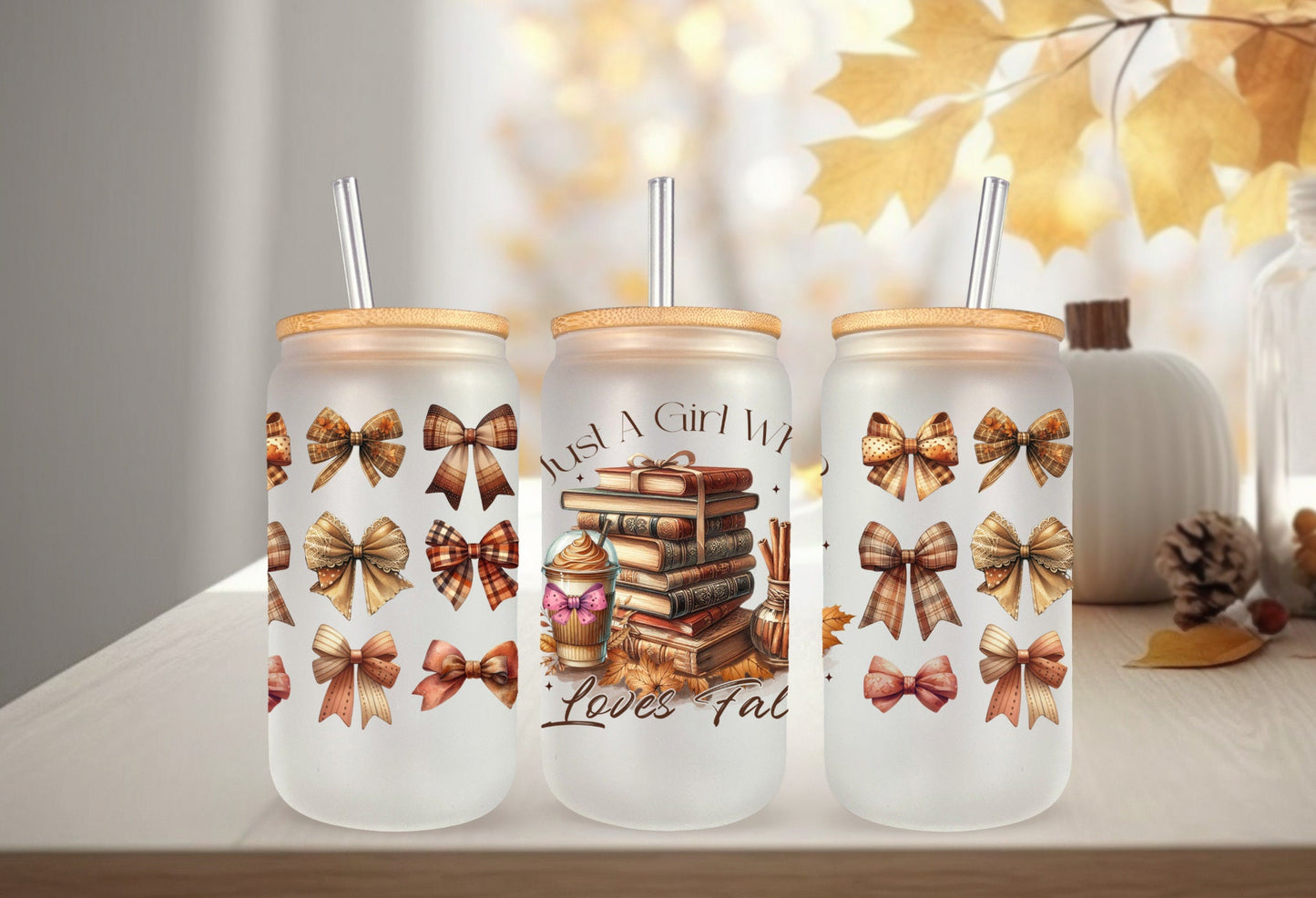UVDTF Wrap Just a Girl Who Loves Fall Books for 16oz Can Glass or 40oz Tumbler, Ready to apply, Permanent adhesive, Double Sided option