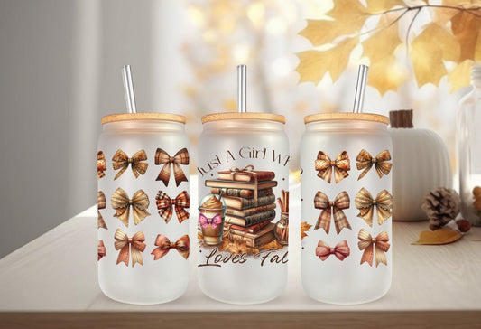 UVDTF Wrap Just a Girl Who Loves Fall Books for 16oz Can Glass or 40oz Tumbler, Ready to apply, Permanent adhesive, Double Sided option