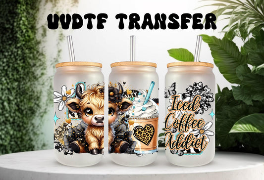UVDTF Wrap Highland Cow Tutu Coffee Addict Leopard 16oz Can Glass Mug Tumbler Wrap, Ready to apply, Permanent Waterproof Adhesive