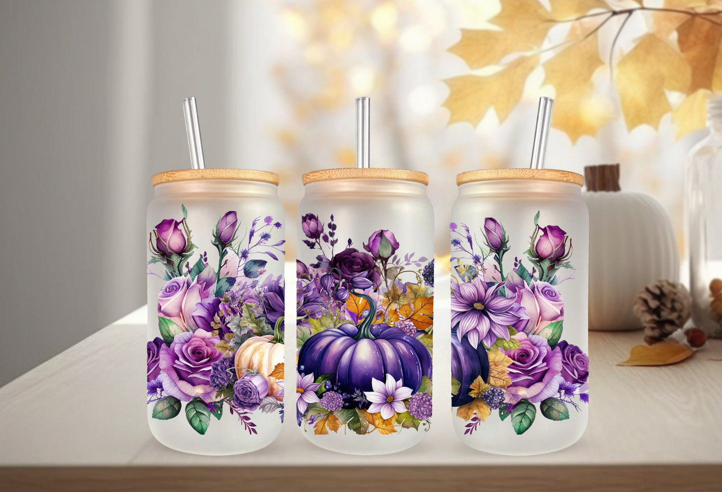 UVDTF Wrap Fall Pumpkin Purple Floral 16oz Can Glass  Mug Tumbler Wrap, Ready to apply, Permanent Adhesive, Double sided option