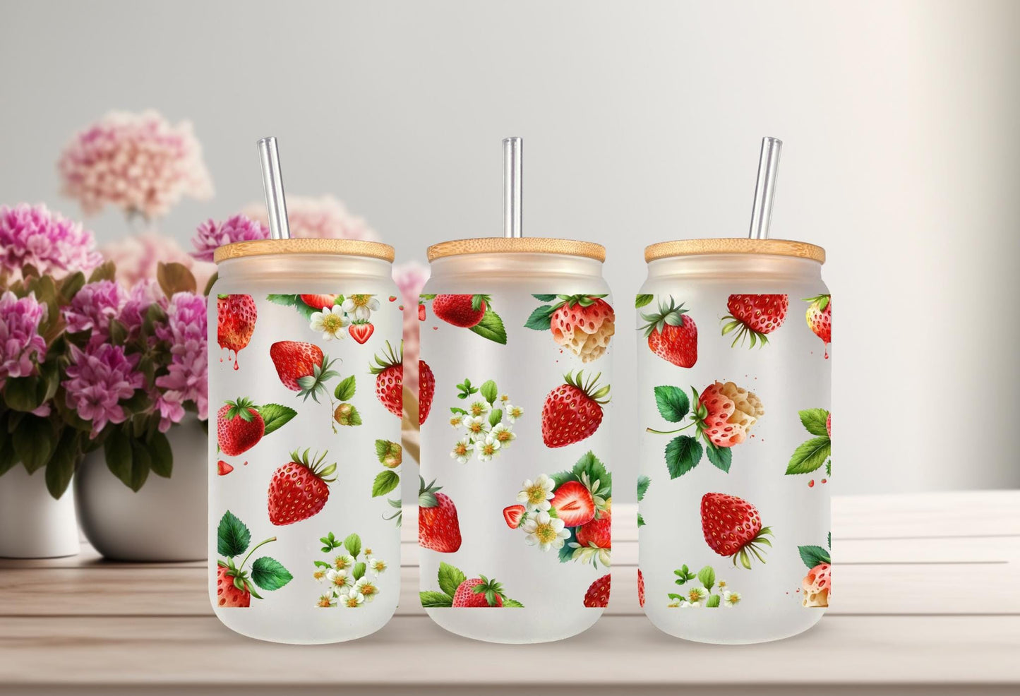 UVDTF Wrap Strawberry for 16oz Can Glass Mug Tumbler, Ready to Apply, Permanent Waterproof Adhesive