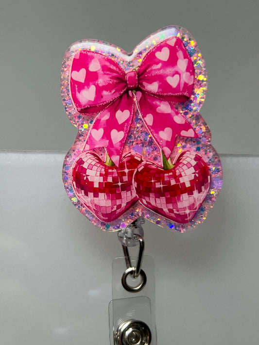 Badge Reel Bow Disco Cherries, Bow Cherry Badge, Funny Sarcastic Badge Reel, Detachable Option, Gifts for Her