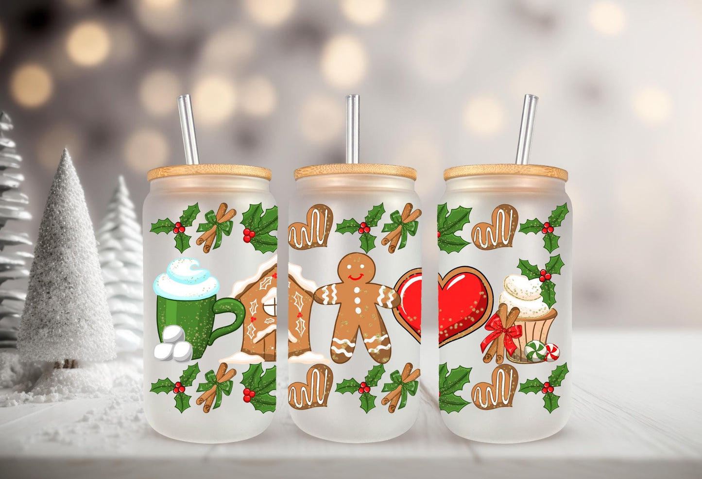 UVDTF WRAP Gingerbread Man House Christmas 16oz Can Glass Mug Tumbler, Ready to apply, Waterproof Permanent Adhesive