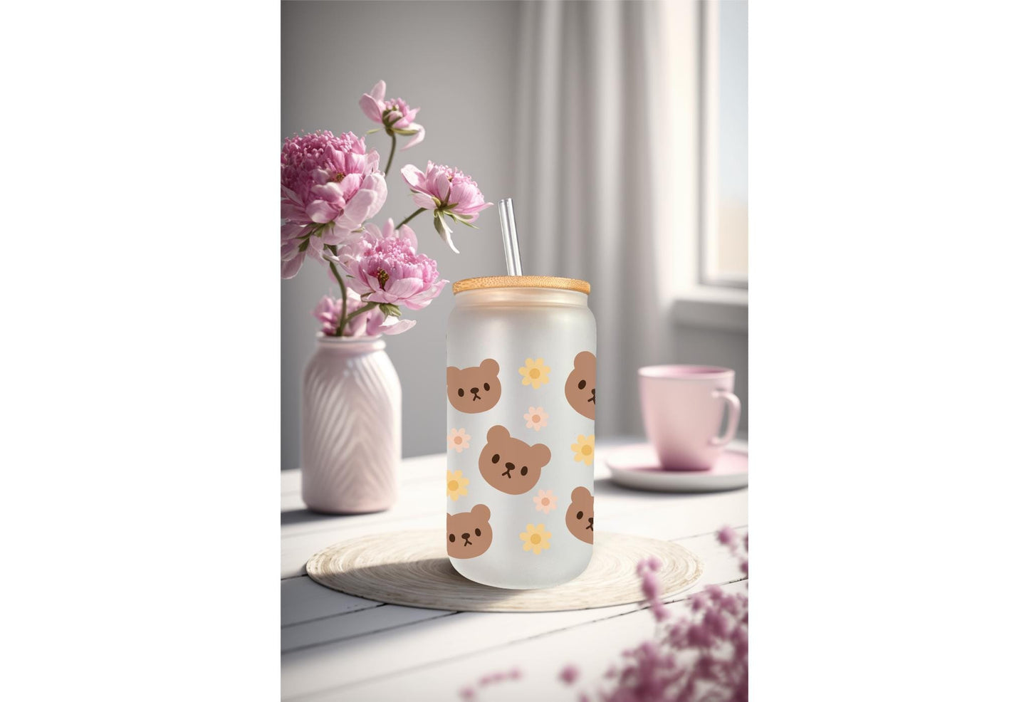 UVDTF Wrap Teddy Bear Light Brown 16oz Can Glass Mug Tumbler, Bear Wrap, Ready to Apply, Permanent Waterproof Adhesive