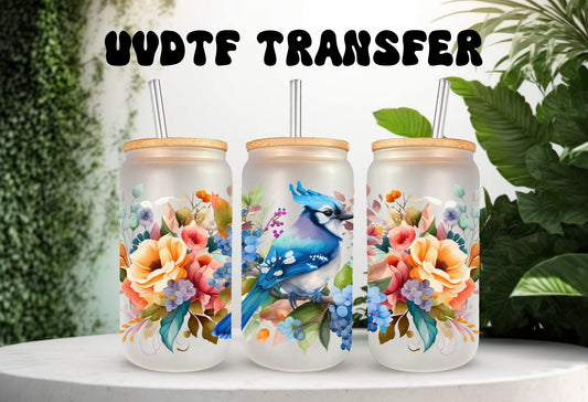 UVDTF Wrap Floral Bird Blue Jay 16oz Can Glass Mug Tumbler, Ready to apply, Permanent Adhesive Waterproof