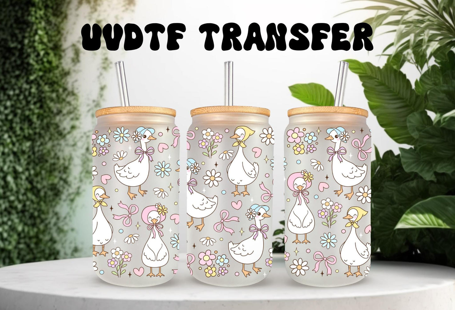 UVDTF Wrap Floral Mama Goose 16oz Can Glass Mug Tumbler Wrap, White Goose, Ready to apply, Permanent Waterproof Adhesive