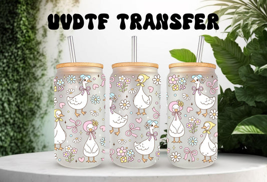 UVDTF Wrap Floral Mama Goose 16oz Can Glass Mug Tumbler Wrap, White Goose, Ready to apply, Permanent Waterproof Adhesive
