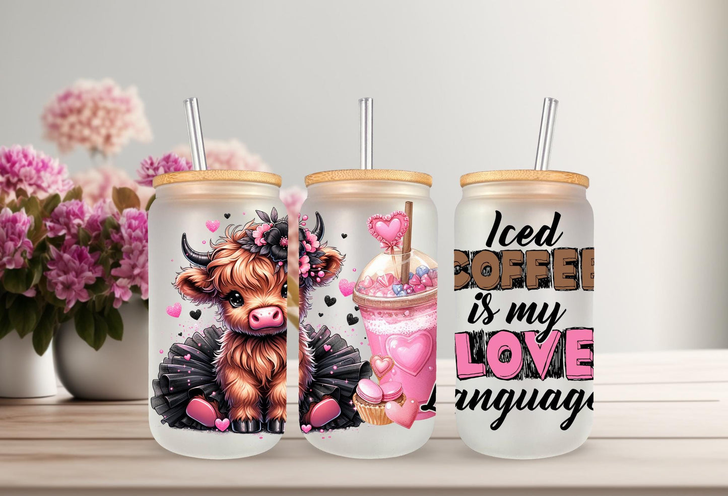 UVDTF Wrap Highland Cow Tutu Iced Coffee Love Language 16oz Can Glass Mug Tumbler Wrap, Ready to apply, Permanent Waterproof Adhesive