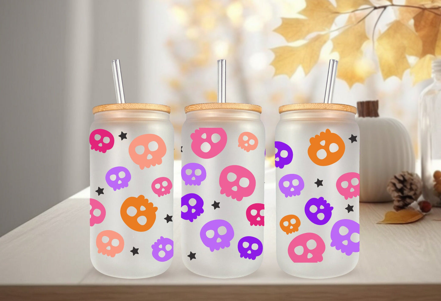 UVDTF Wrap Colorful Skull  for 16oz Can Glass, Mug, or Tumbler, Halloween Candy, Ready to apply, Permanent Adhesive Waterproof