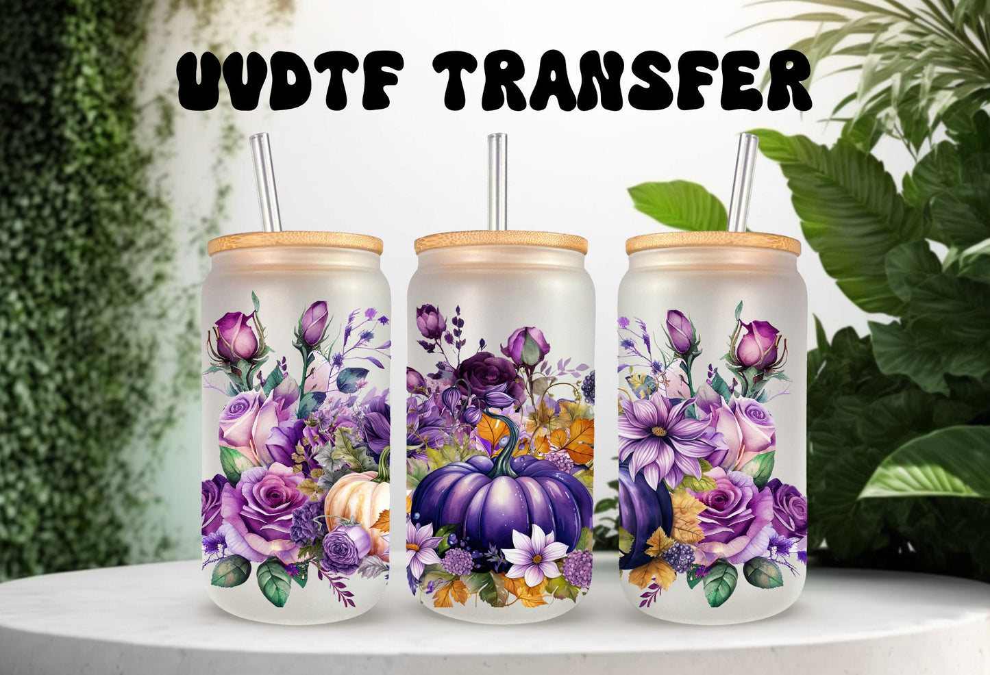 UVDTF Wrap Fall Pumpkin Purple Floral 16oz Can Glass  Mug Tumbler Wrap, Ready to apply, Permanent Adhesive, Double sided option