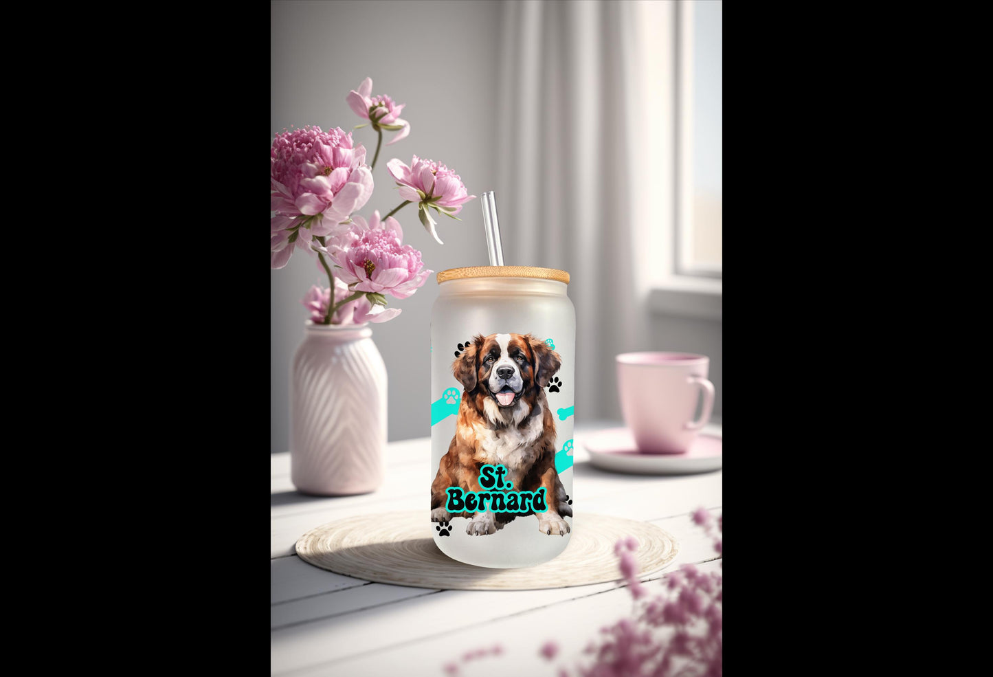 UVDTF Wrap St. Bernard 16oz Can Glass Mug Tumbler, Colorful Dog Wrap, Ready to apply, Permanent Waterproof Adhesive, Bundle Save Option