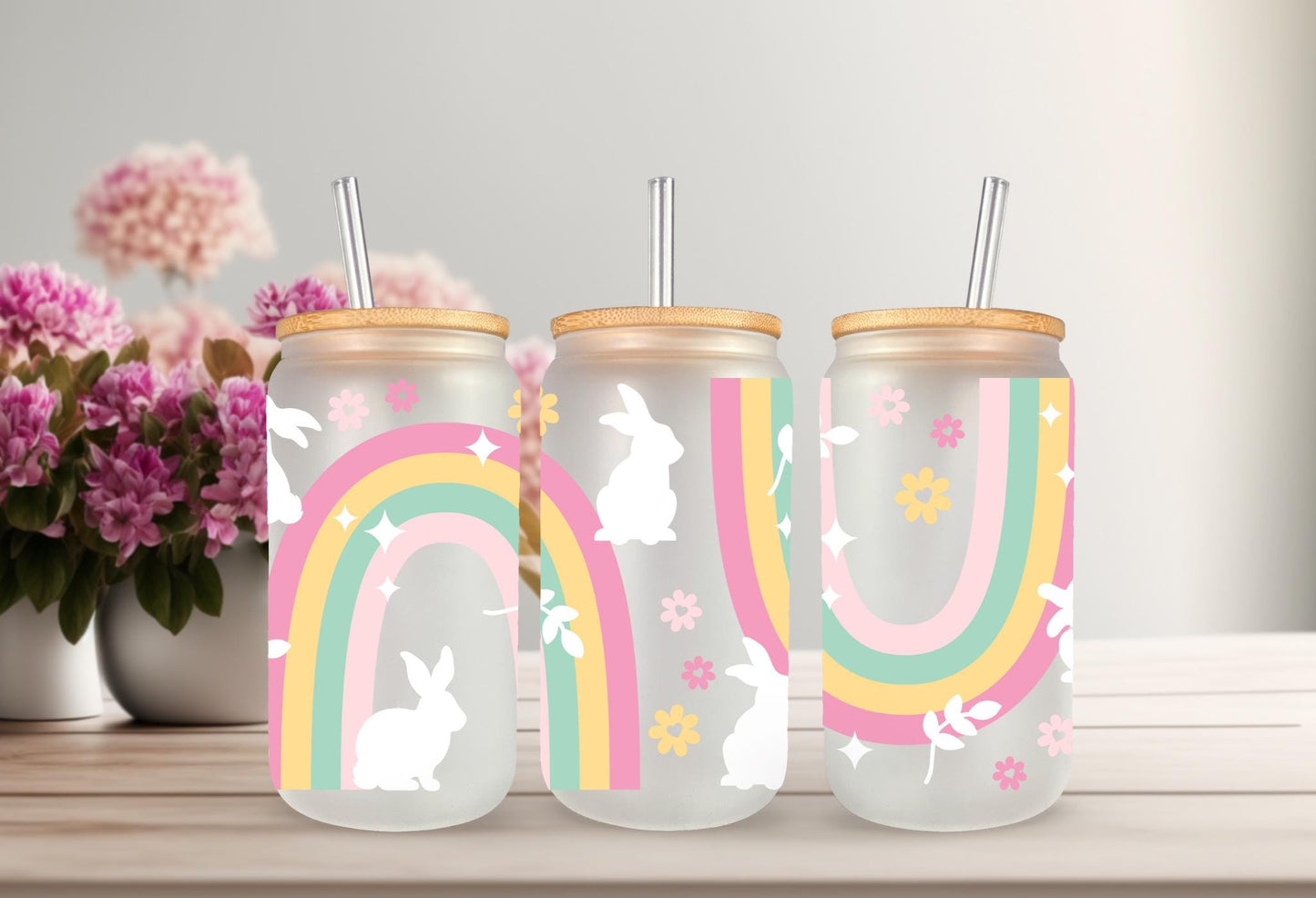 UVDTF Wrap Bunny Rainbow for 20oz Can Glass Mug Tumbler, Easter Wrap Ready to Apply, Permanent Waterproof Adhesive, Double Sided Print Option