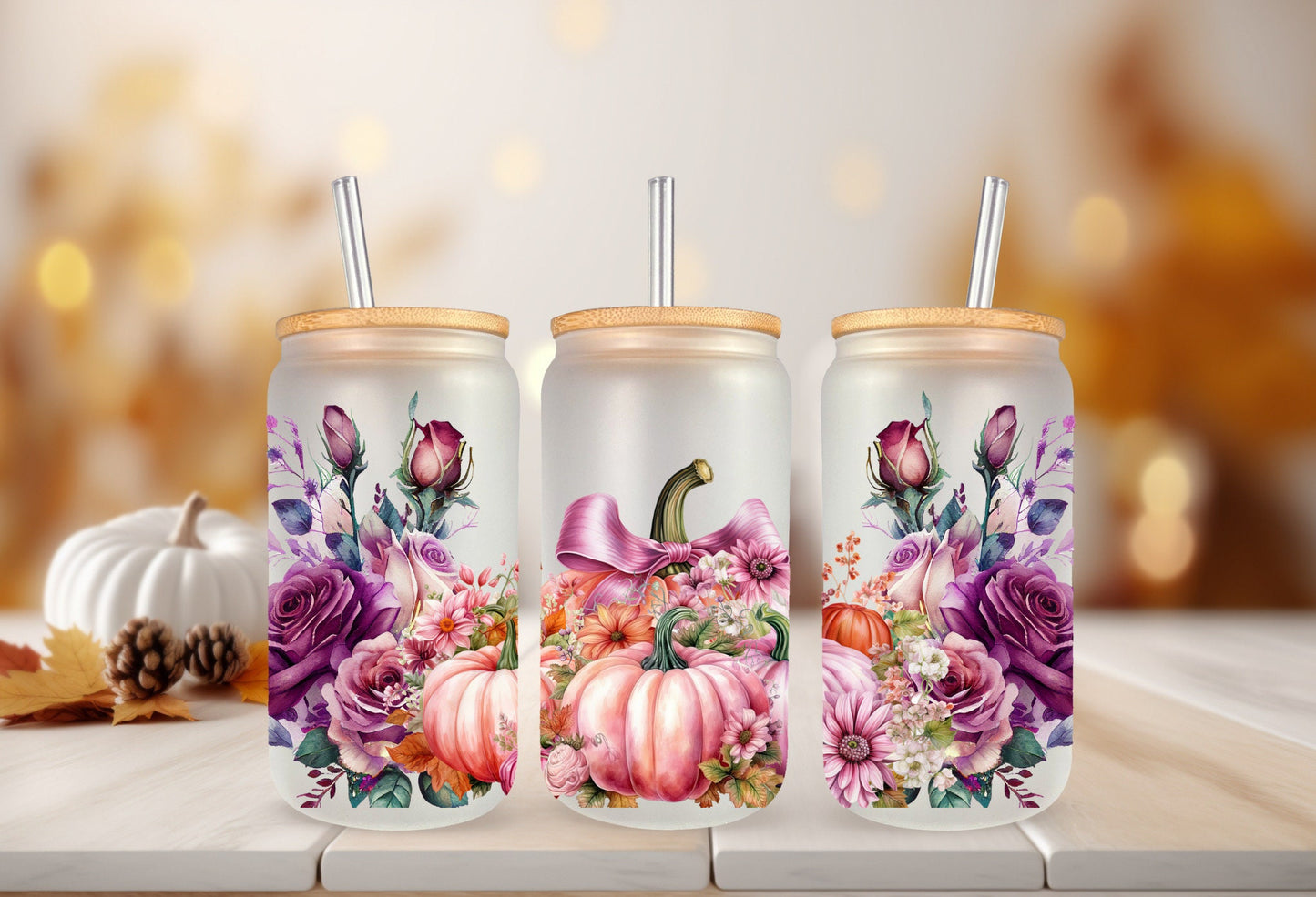 UVDTF Wrap Fall Pumpkin Pink Floral 16oz Can Glass, Mug, Tumbler Wrap, Ready to Apply, Permanent Waterproof Adhesive