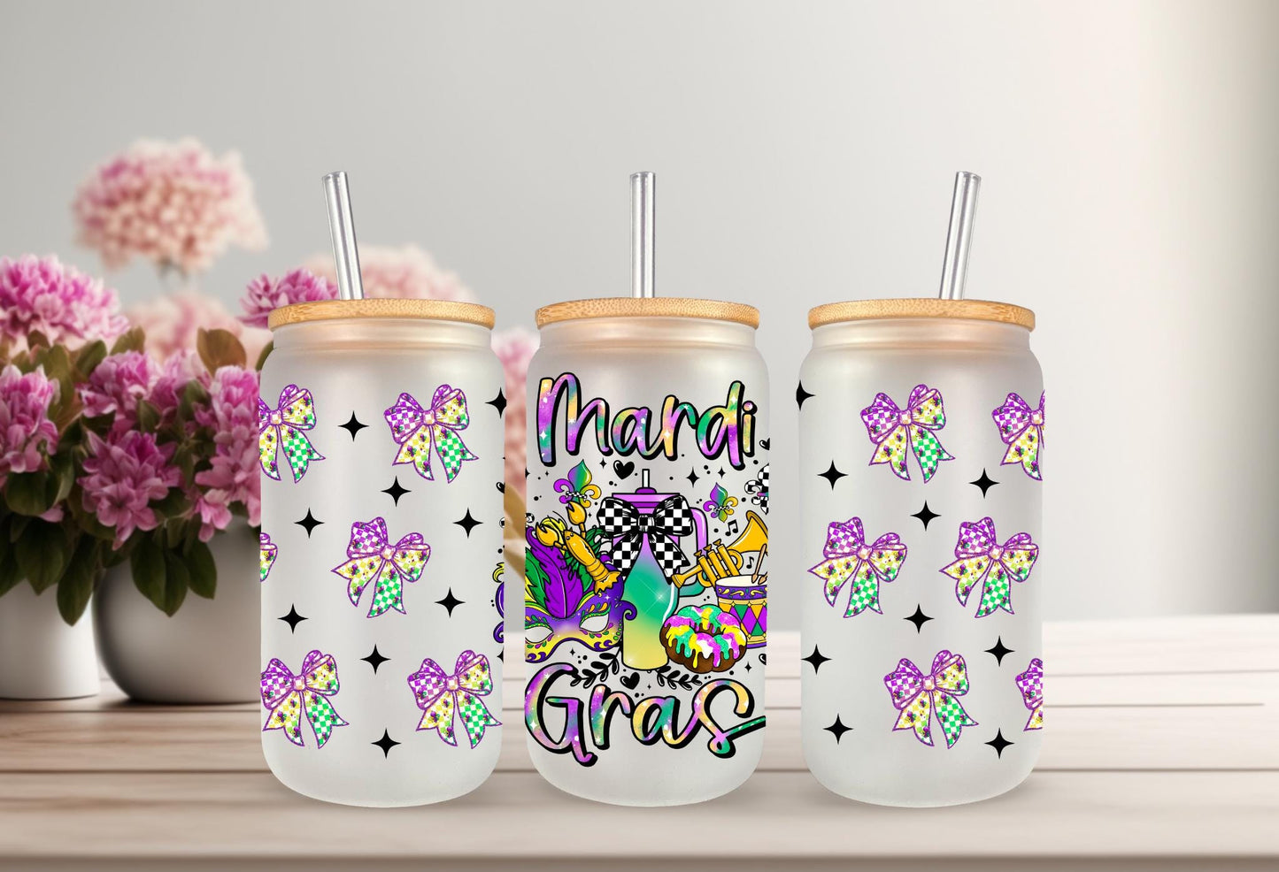 UVDTF Wrap Mardi Gras Checkered Bows 16oz Can Glass Mug Tumbler, Mardi Gras Wrap, Ready to apply, Permanent Waterproof Adhesive