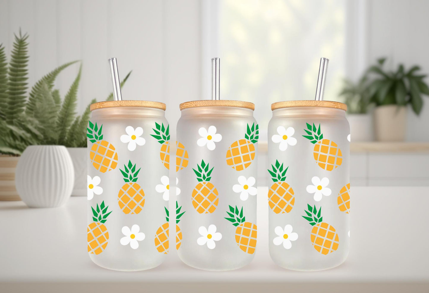 UV DTF Wrap Transfer for 16 oz Can Glass - pineapple & Daisy Design Perfect for Crafting, Custom Drinkware, Tumblers, and Gifts