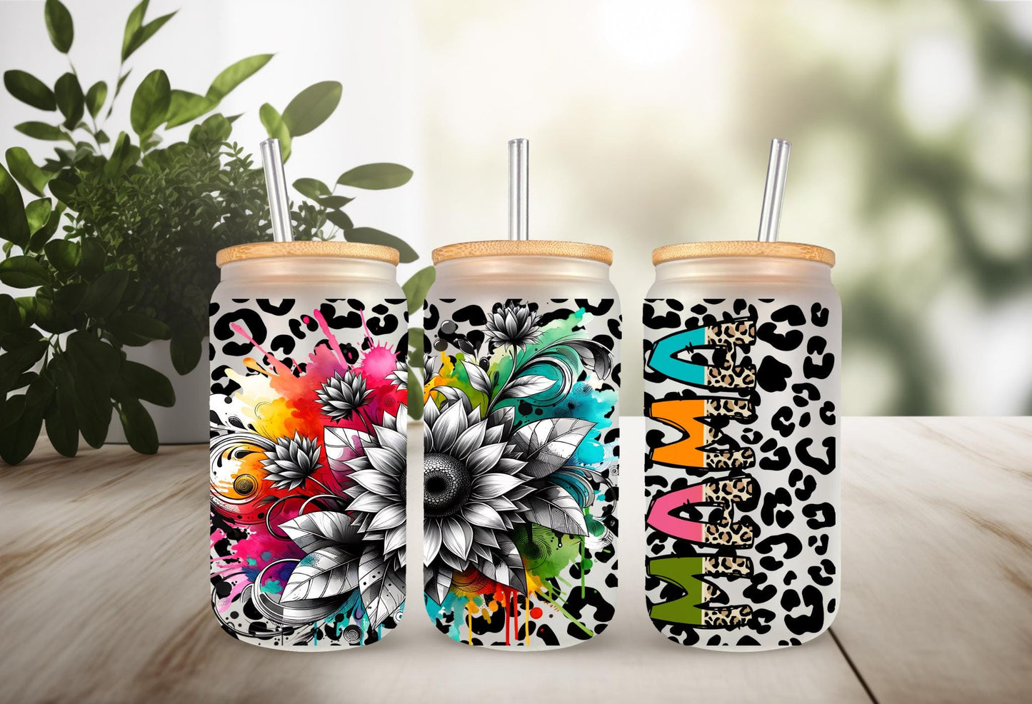 UVDTF Wrap Floral Mama Leopard Print 16oz Can Glass Mug Tumbler, Ready to apply, Permanent Waterproof Adhesive
