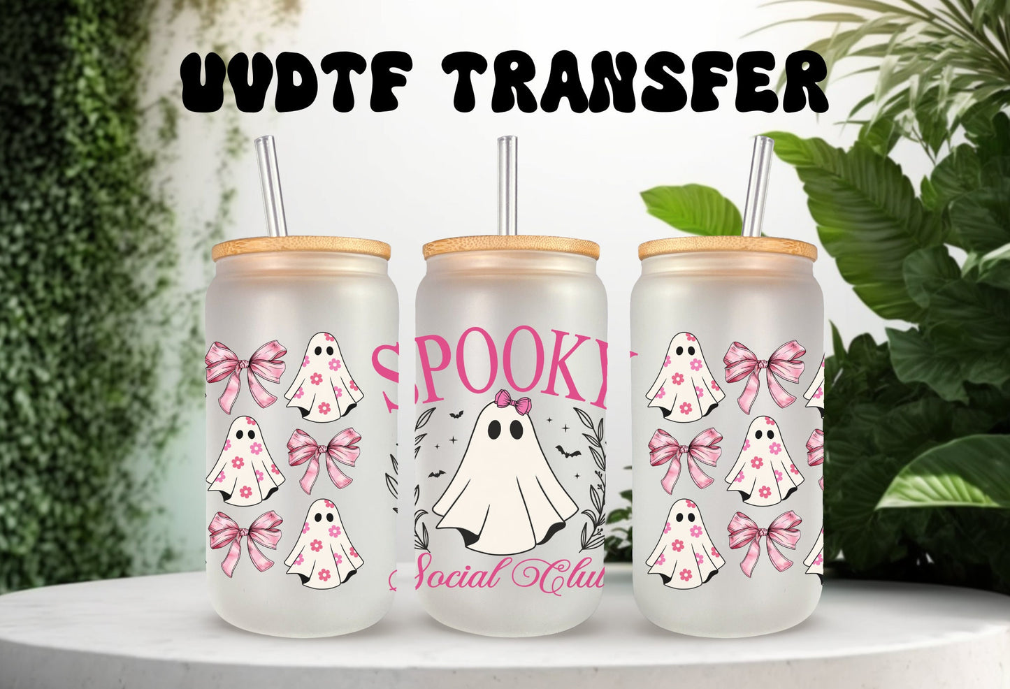 UVDTF Wrap Spooky Ghost Social Club Pink Coquettes Bows 16oz Can Glass, Mug, Tumbler, Ready to Apply, Permanent Waterproof Adhesive