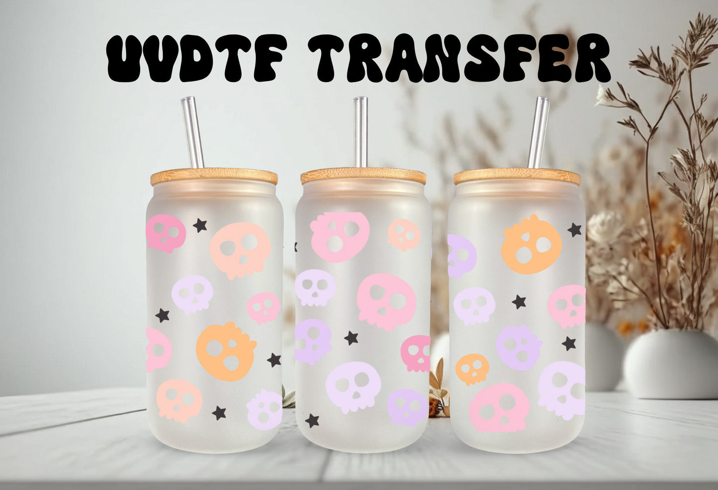 UVDTF Wrap Colorful Skull  for 16oz Can Glass, Mug, or Tumbler, Halloween Candy, Ready to apply, Permanent Adhesive Waterproof