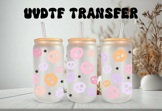 UVDTF Wrap Colorful Skull  for 16oz Can Glass, Mug, or Tumbler, Halloween Candy, Ready to apply, Permanent Adhesive Waterproof