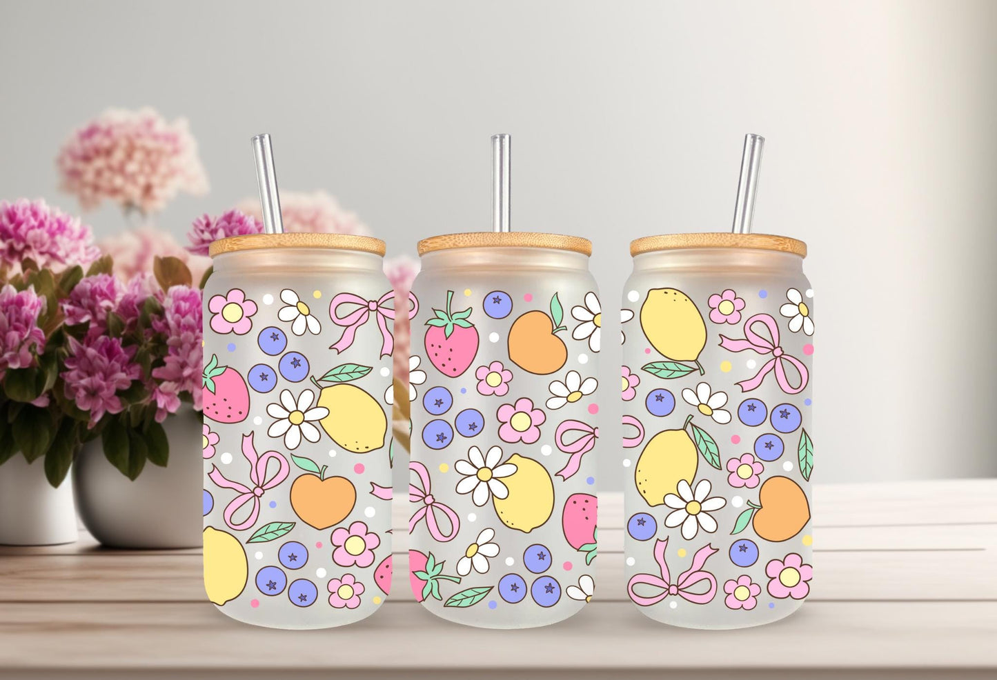 UVDTF Wrap Lemon Strawberry Blueberry Daisy Bow 16oz Can Glass Mug Tumbler, Ready to apply, Permanent Waterproof Adhesive