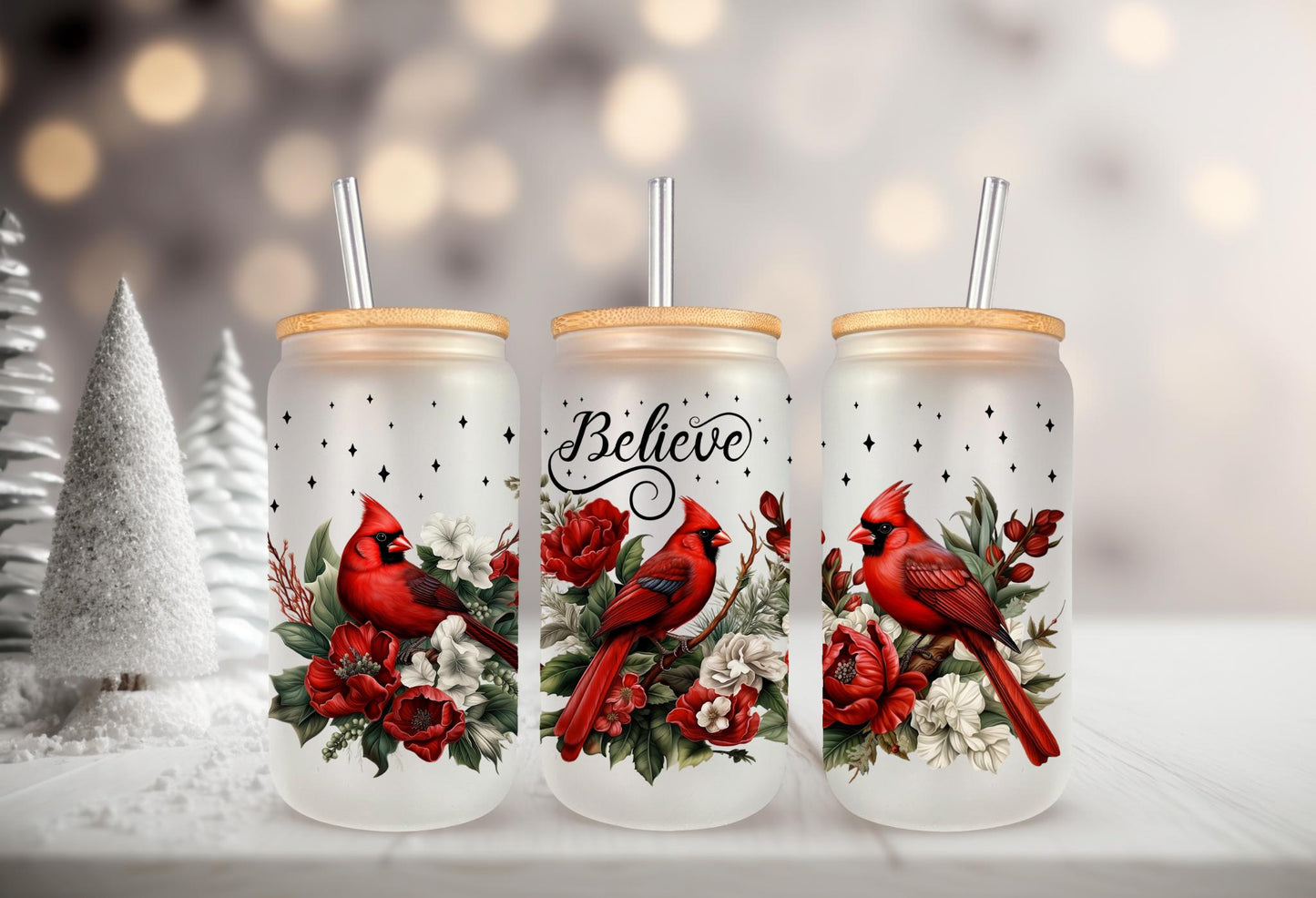 UVDTF WRAP Cardinal Believe Christmas 16oz Can Glass Mug Tumbler, Ready to apply, Waterproof Permanent Adhesive