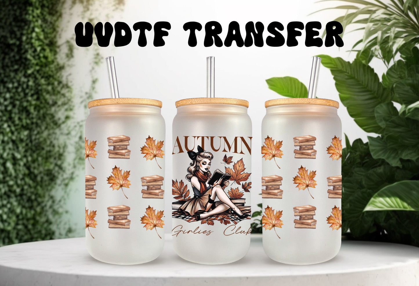 UVDTF Wrap Autumn Girlies Club Vintage Girl for 16oz Can Glass Mug Tumbler, Ready to Apply, Permanent Waterproof Adhesive