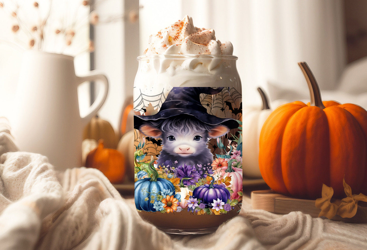 UVDTF Wrap Cow Witch Blue Floral Pumpkin 16oz Can Glass, Mug, Tumbler, Ready to Apply, Permanent Waterproof Adhesive
