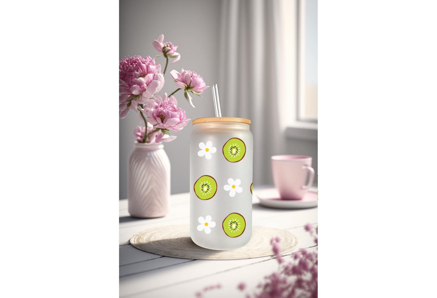 UVDTF Wrap Kiwi & Daisy for 16oz Can Glass Mug Tumbler, Ready to Apply, Permanent Waterproof Adhesive