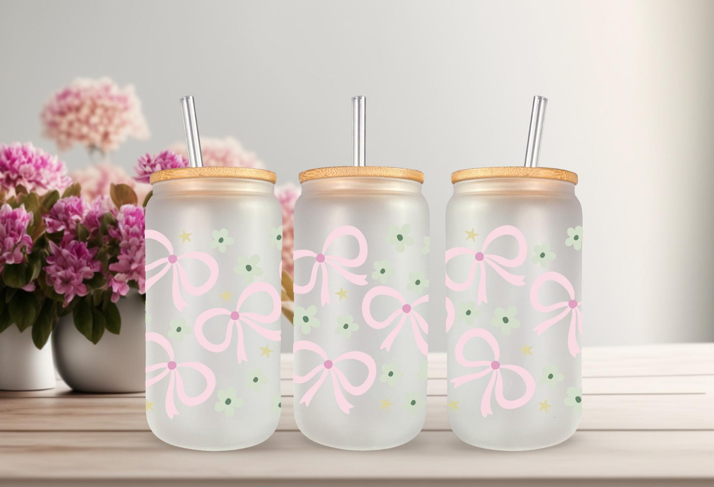 UVDTF Wrap Floral Bows Coquette 16oz Can Glass Mug Tumbler, Ready to Apply, Permanent Waterproof Adhesive, Double Sided Option