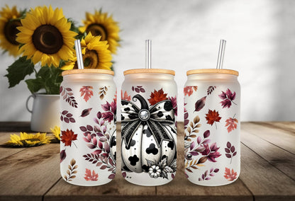 UVDTF Wrap Pumpkin Floral Cow Print 16oz Can Glass, Mug, Tumbler, Ready to Apply, Permanent Waterproof Adhesive, Double Sided Print
