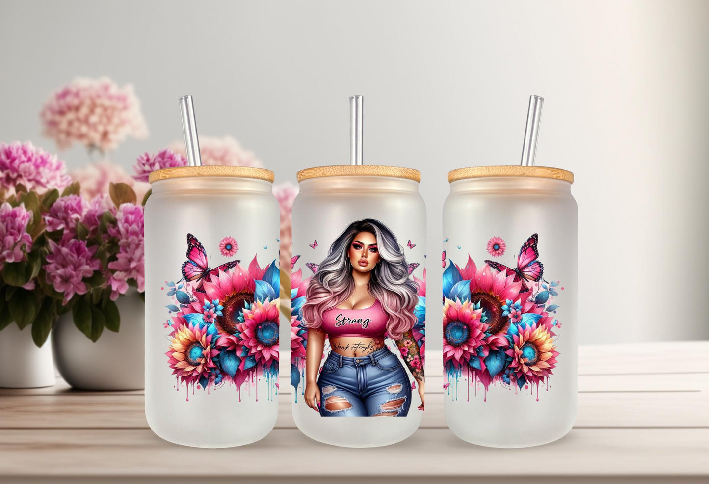 UVDTF Wrap Floral Butterfly Positive Quotes 16oz Can Glass Wrap Mug Tumbler, Strong Girl Wrap, Ready to Apply, Permanent Waterproof Adhesive