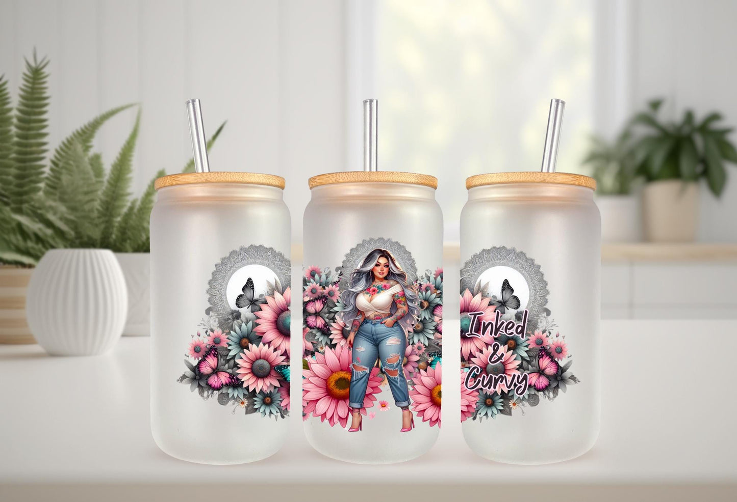 UVDTF Wrap Floral Butterfly Inked Curvy 16oz Can Glass Wrap Mug Tumbler, Inked Girl Wrap, Ready to Apply, Permanent Waterproof Adhesive