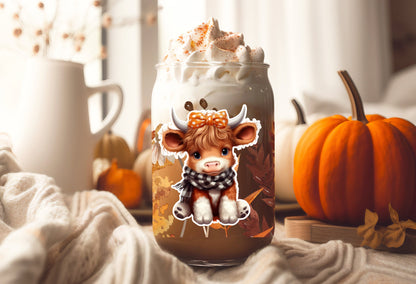 Cup Wrap Decal - Fall Floral Wrap With Cow Girl Design, 16 oz Glass Mug Sticker