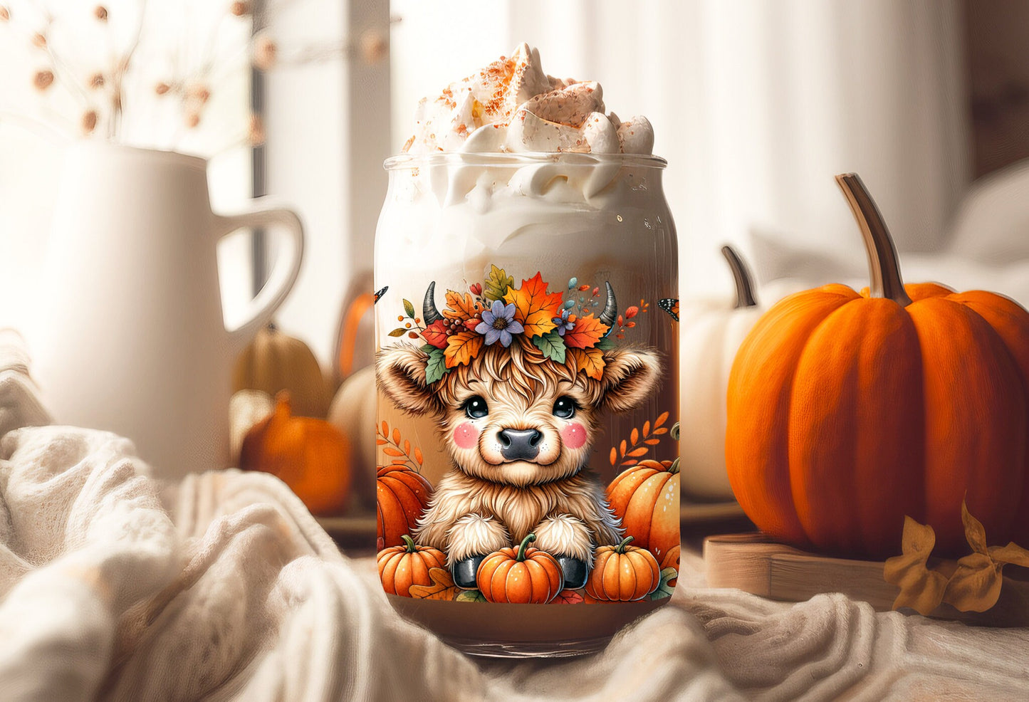 UVDTF Wrap Cute Cow Pumpkin Fall 16oz Can Glass Mug Tumbler,  Ready to Apply, Permanent Waterproof Adhesive