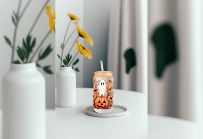 UVDTF Decal Pumpkin Floral Ghost 16oz Can Glass Mug Tumbler, Fall Decal, Ready to Apply, Permanent Waterproof Adhesive, add on a cup