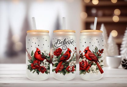 UVDTF WRAP Cardinal Believe Christmas 16oz Can Glass Mug Tumbler, Ready to apply, Waterproof Permanent Adhesive