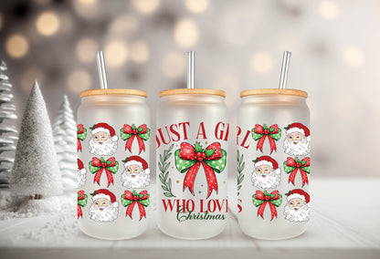 UVDTF Wrap Just a Girl Who Loves Christmas Coquettes Bows 16oz Can Glass, Mug,  40oz  Tumbler, Ready to apply, Christmas Wrap