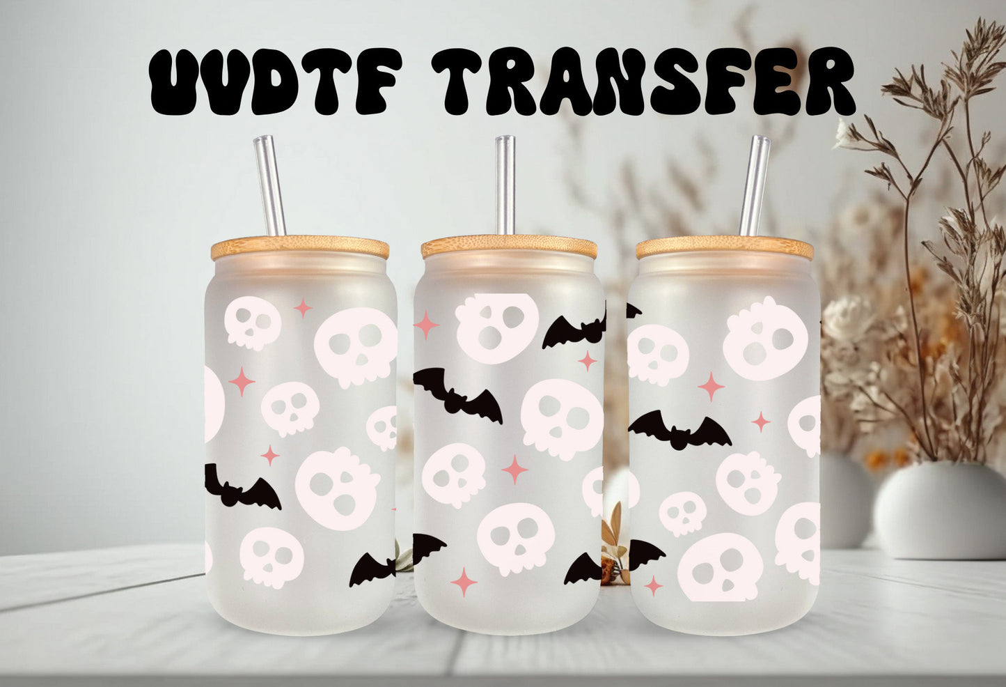UVDTF Wrap Skull  Bats for 16oz Can Glass, Mug, or Tumbler, Halloween Candy, Ready to apply, Permanent Adhesive Waterproof
