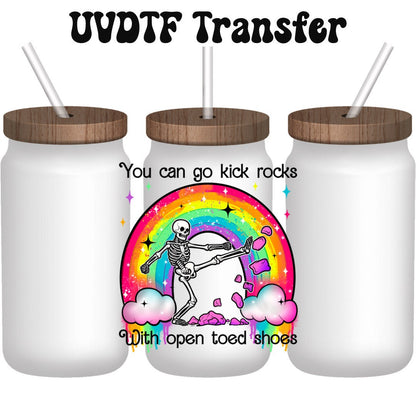 UVDTF Decal Retro Skeleton Kick Rocks 16oz Can Glass Mug Tumbler, Ready to Apply, Permanent Waterproof Adhesive, Add on a Can Glass