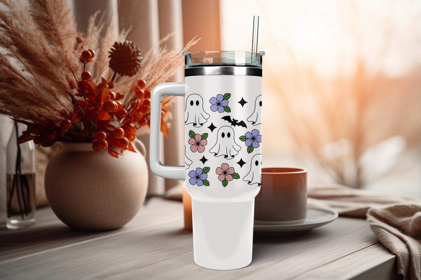 UVDTF Wrap Halloween Floral Ghosts Bats 16oz Can Glass Mug 40oz, Ready to apply, Permanent Waterproof Adhesive