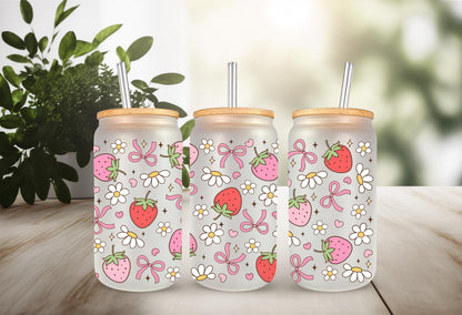 UVDTF Wrap Strawberry Daisy Bow 16oz Can Glass Mug Tumbler, Ready to apply, Permanent Waterproof Adhesive