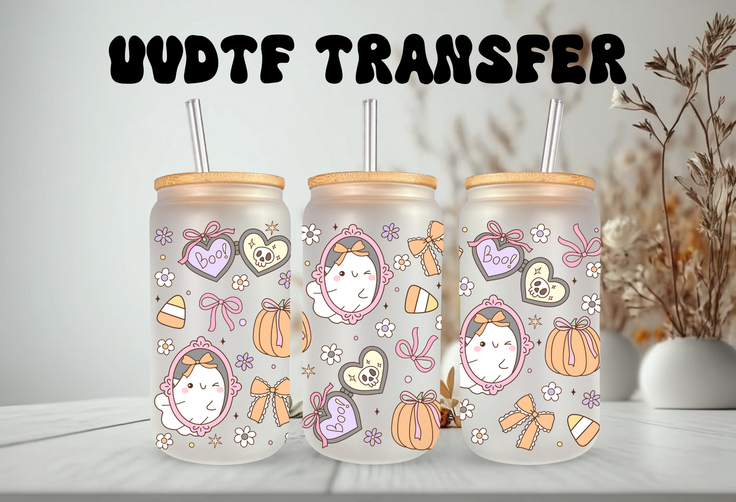 UVDTF Wrap Coquette Spooky Ghost Frames for 16oz Can Glass Mug Tumbler, Halloween Wrap, Ready to apply, Permanent Waterproof Adhesive (Copy)