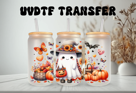 mockup of 16oz frosted glass tumbler mockup featuring cute ghosts wearing floral witch hats with pumpkin buckets and butterflies.