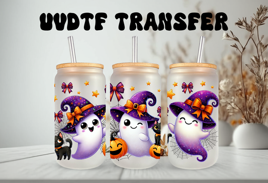 Mockup of Cute spooky ghosts with purple witch hats UV DTF cup wrap transfer sheet for 16oz glass can tumblers