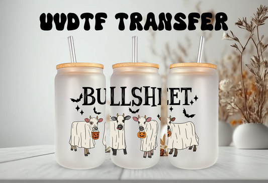 mock up of 16oz frosted glass tumbler mockup featuring three ghost-costumed cows with pumpkin buckets and "BULLSHEET" text.
