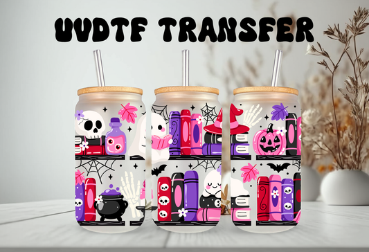 16oz frosted glass tumbler mockup featuring a spooky gothic library design with bookshelves, potion bottles, cauldrons, and jack-o-lanterns on a clear background.

