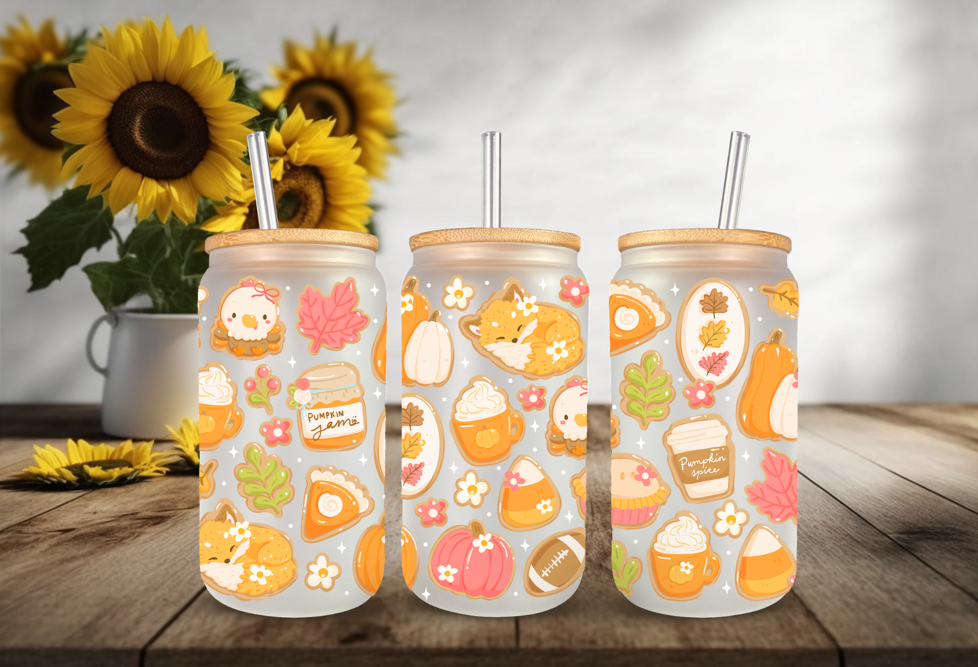 16oz can glass wrap featuring a cozy fall aesthetic design with sleeping foxes, pumpkin spice lattes, pumpkin jam jars, and pie slices on a clear background.