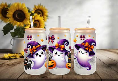 Mockup of Cute spooky ghosts with purple witch hats UV DTF cup wrap transfer sheet for 16oz glass can tumblers