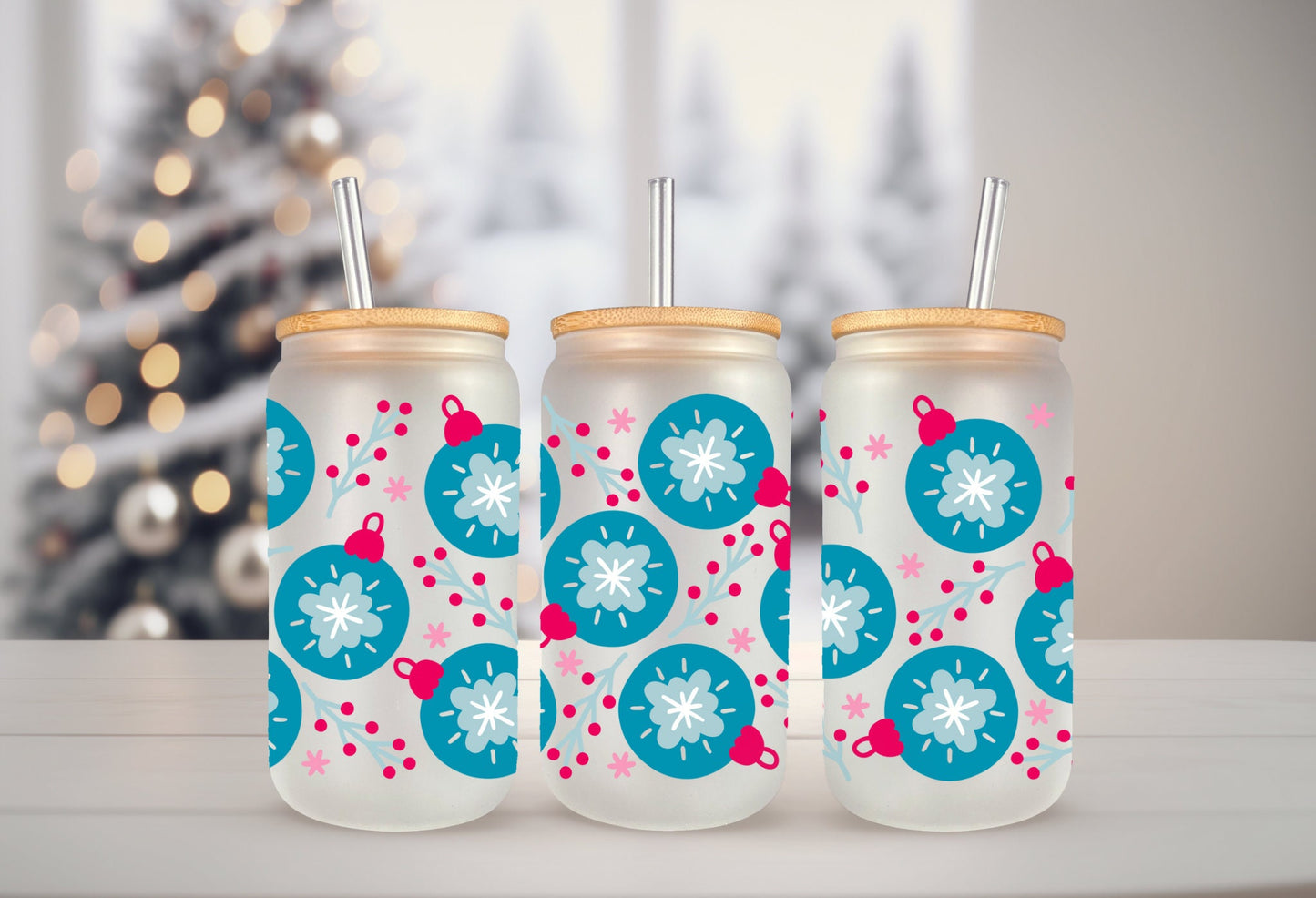 Can Glass Wrap - Christmas Ornament Adhesive Cup Wrap for 16oz Tumbler, Double Sided